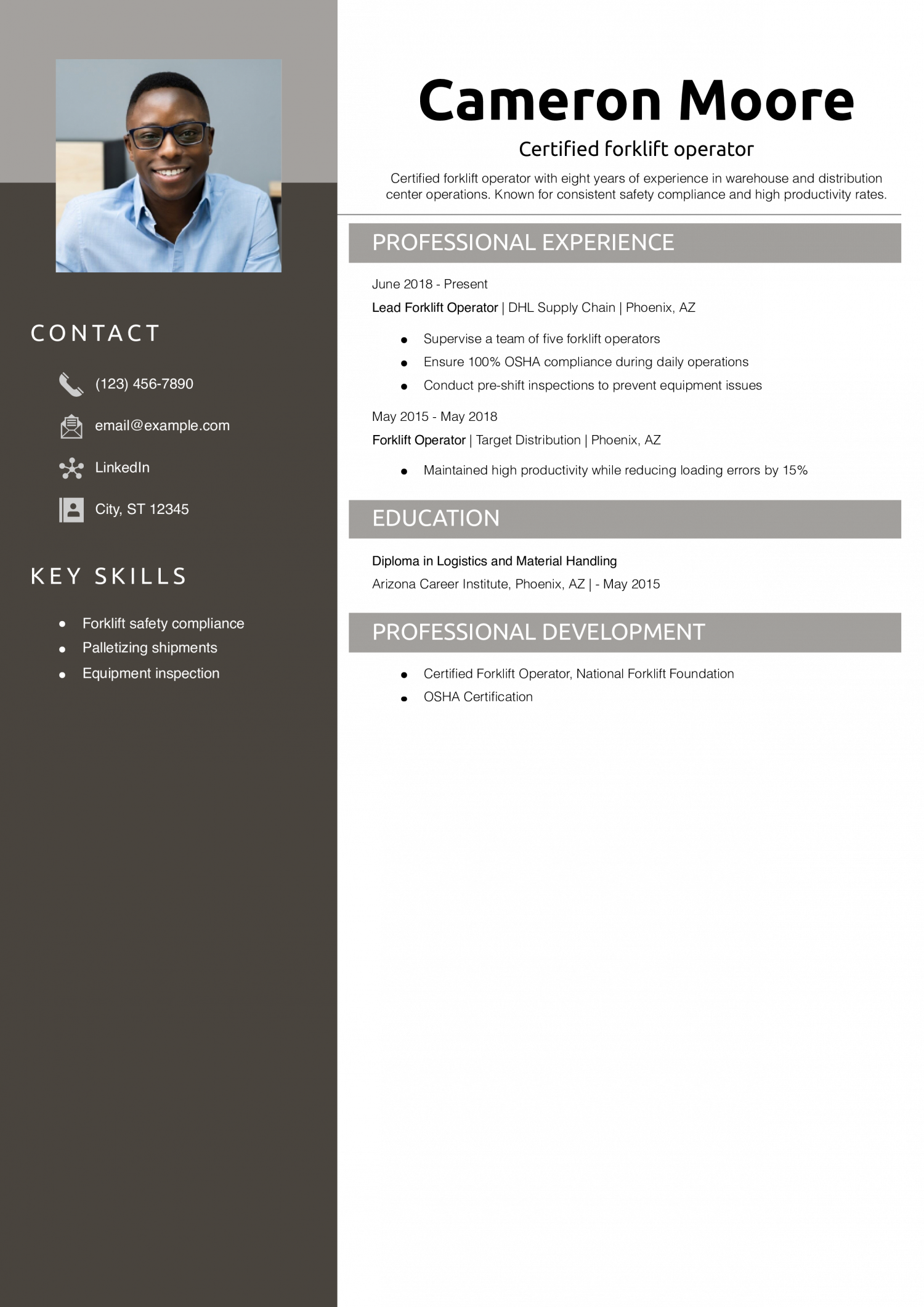 Certified forklift operator resume example