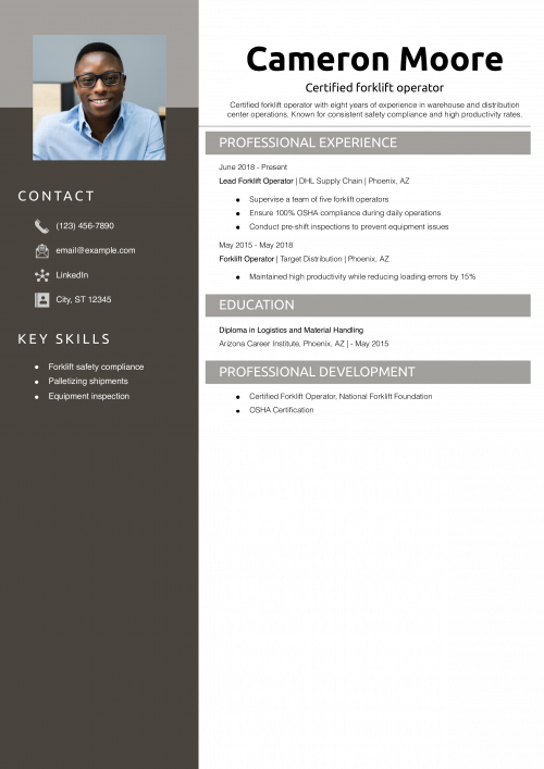 Certified forklift operator resume example