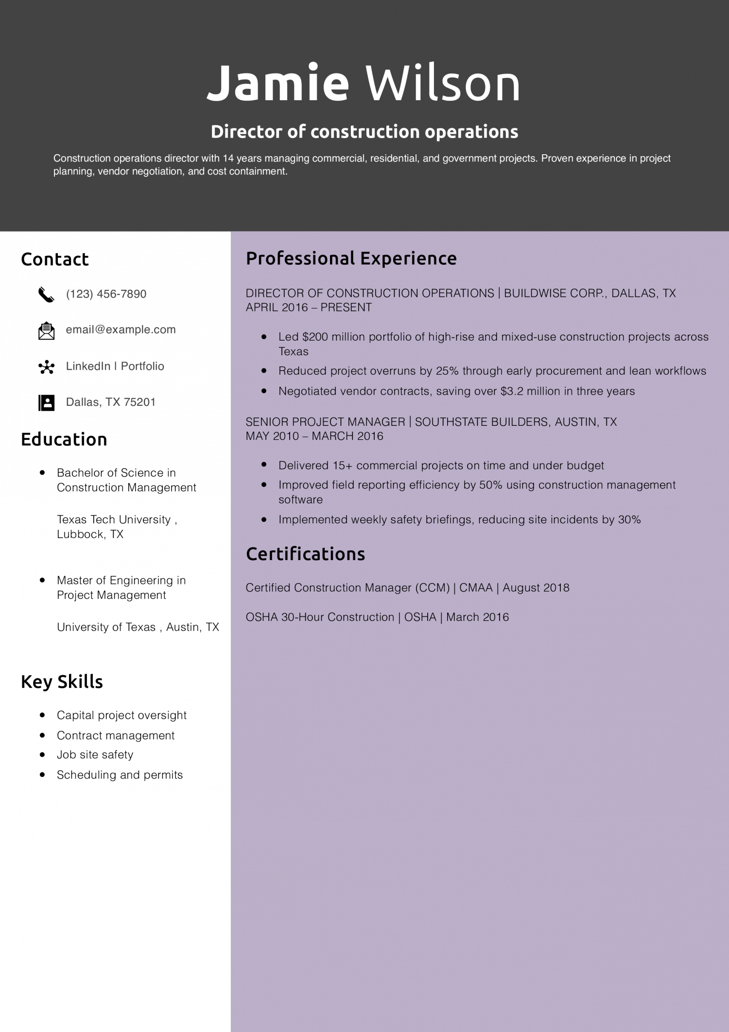 Director of construction operations resume example