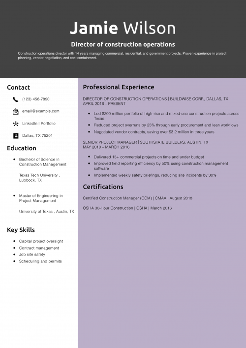 Director of construction operations resume example