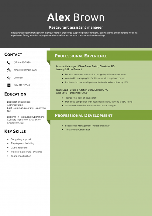 Restaurant assistant manager resume example