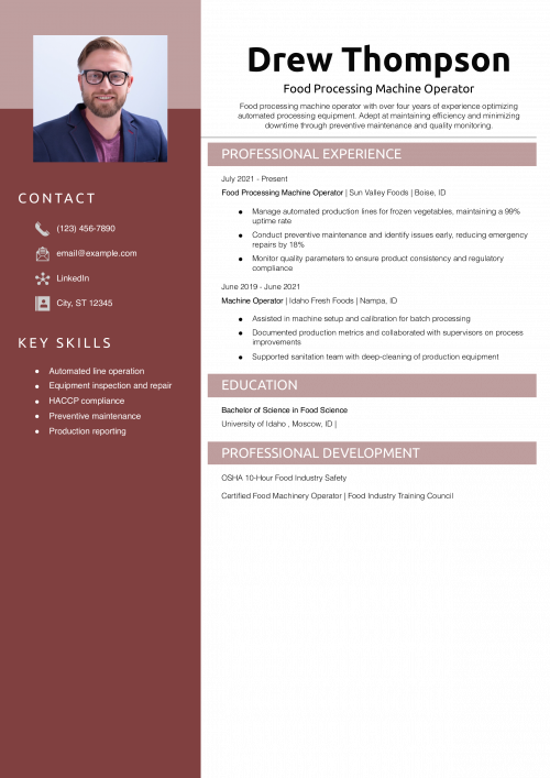 Food Processing Machine Operator Resume Example 