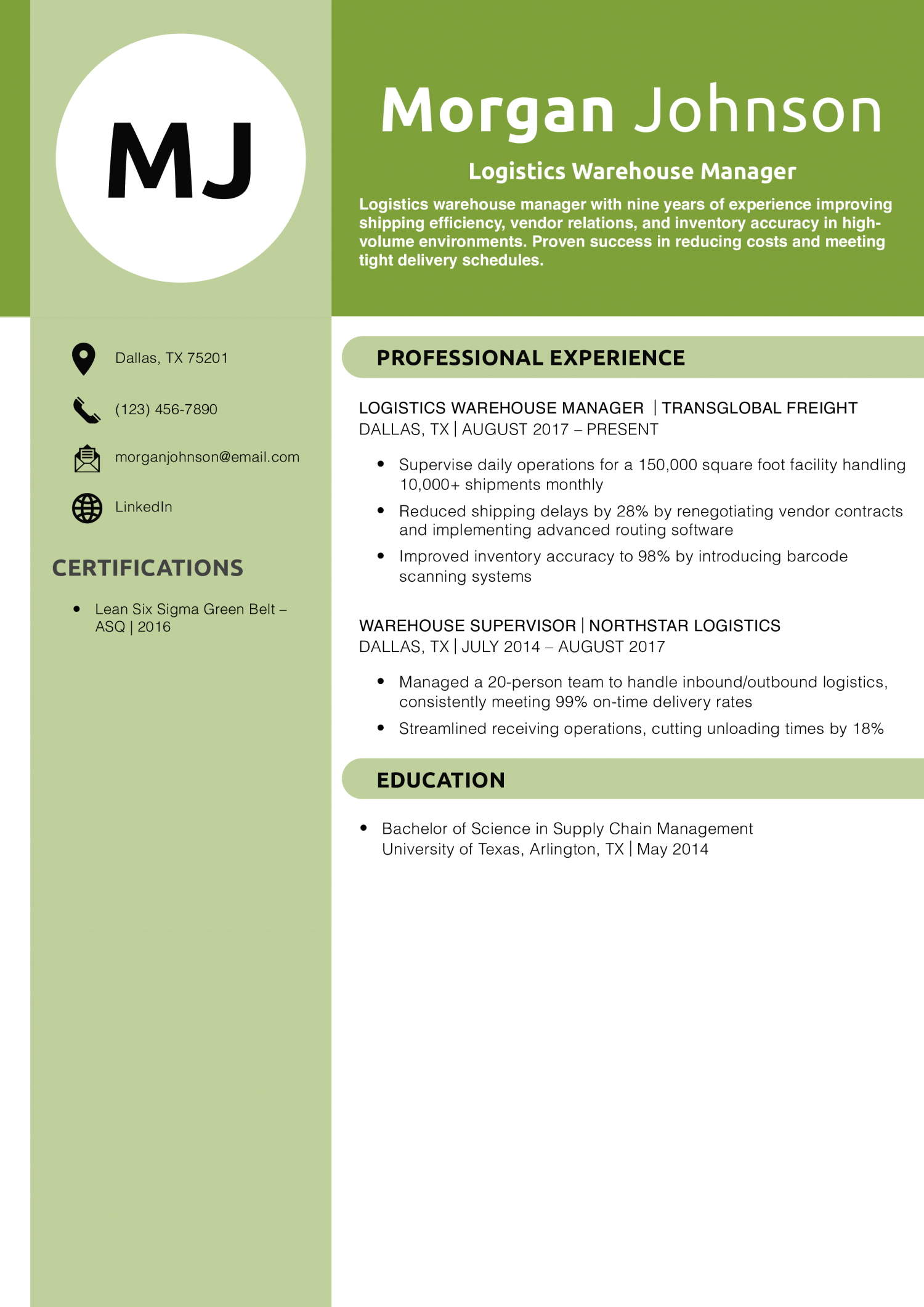 Logistics Warehouse Manager Resume Example