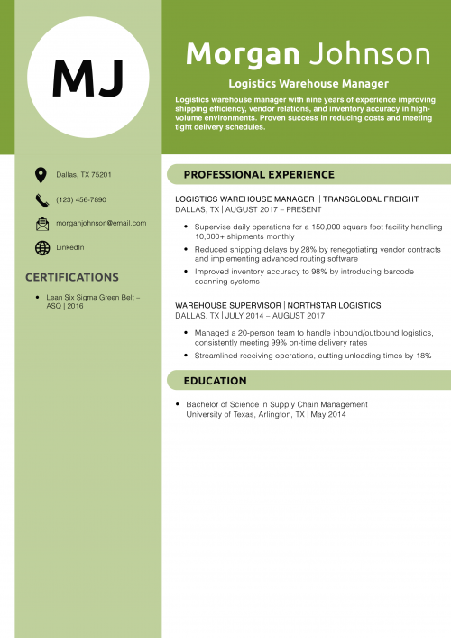 Logistics Warehouse Manager Resume Example