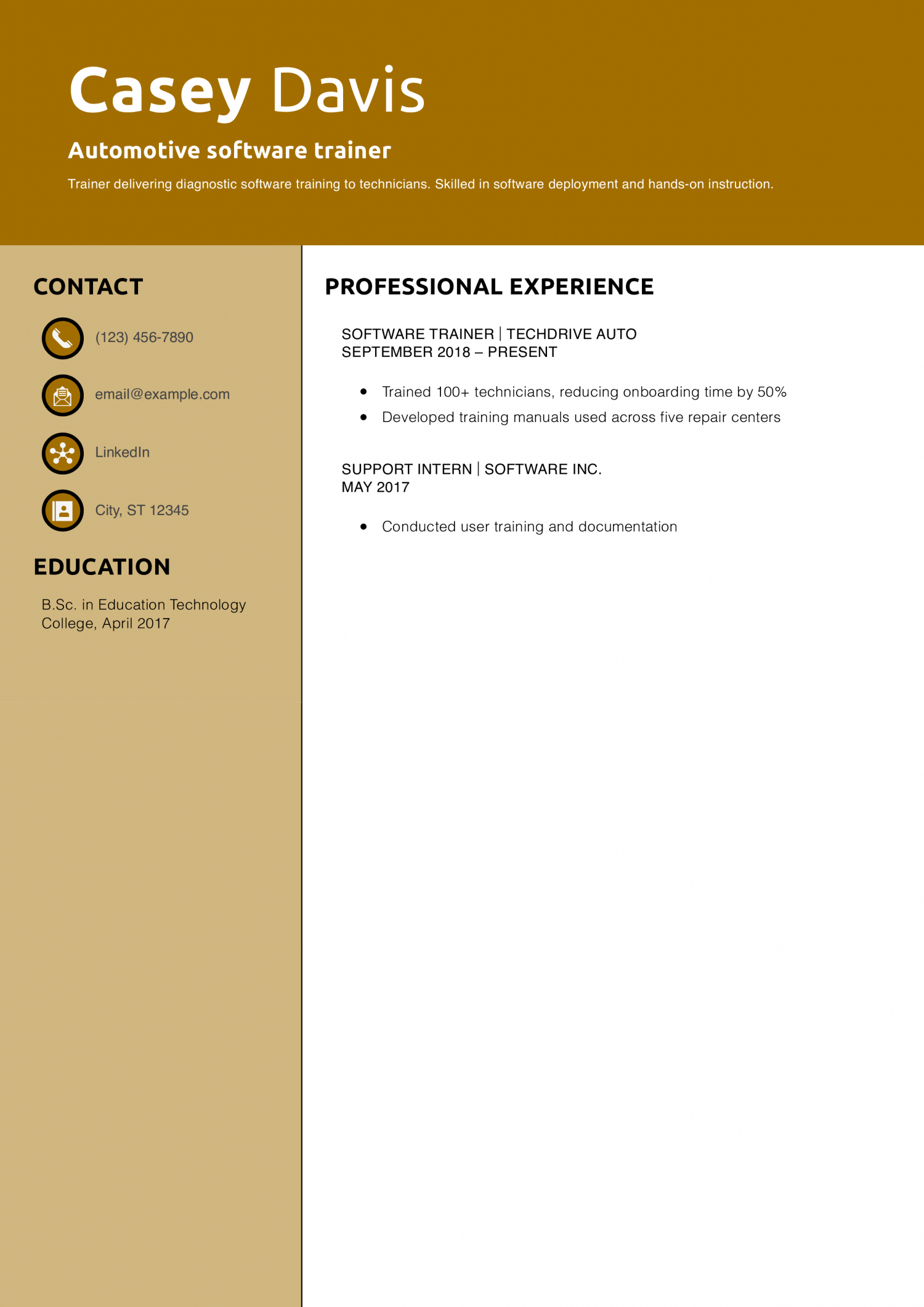 Automotive software trainer resume example