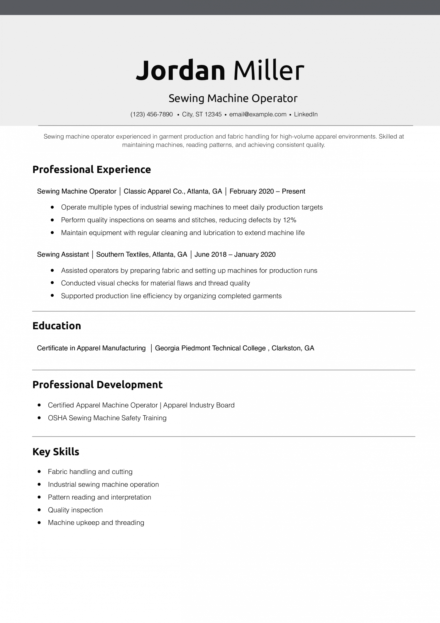 Sewing Machine Operator Resume Example