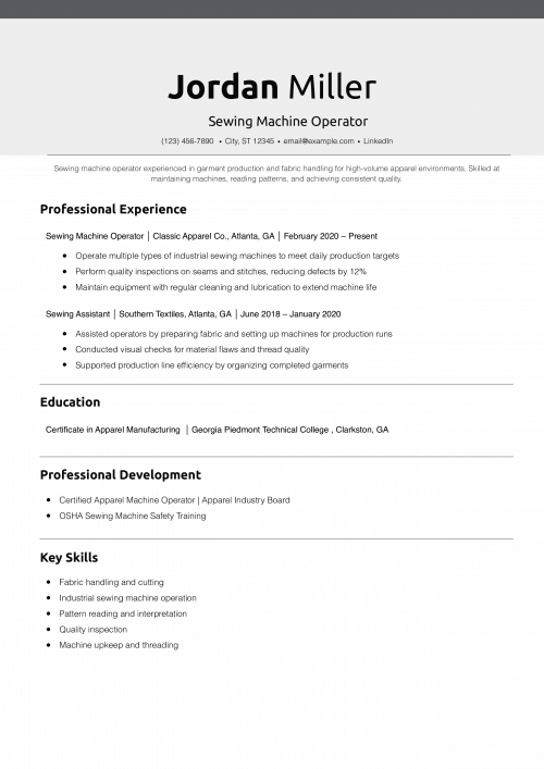 Sewing Machine Operator Resume Example 