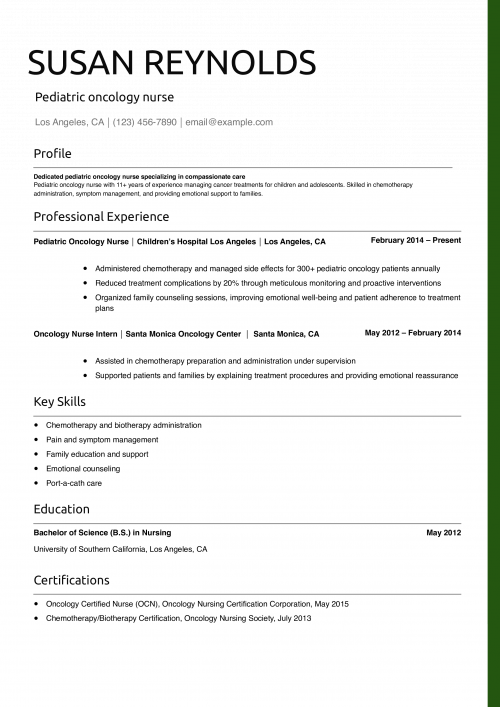 Pediatric oncology nurse resume