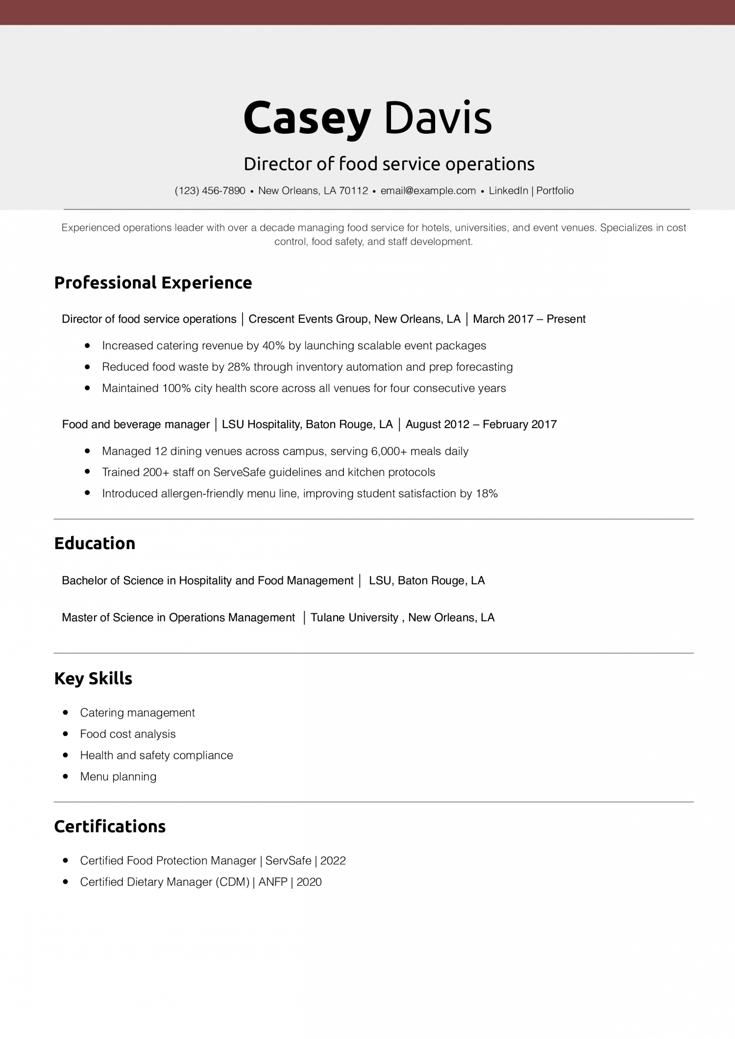 Director of food service operations resume example