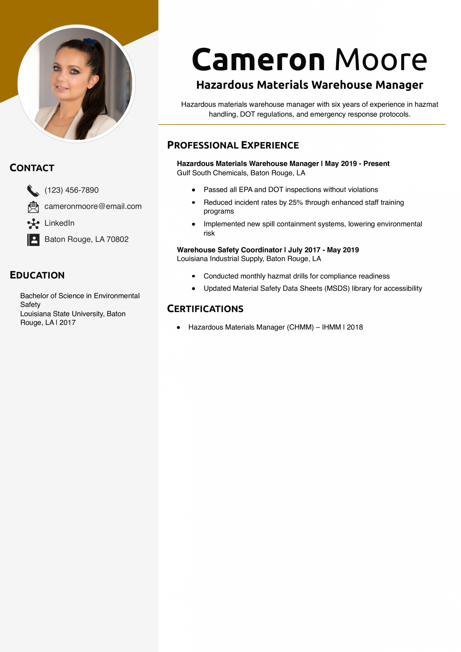 Hazardous Materials Warehouse Manager Resume Example