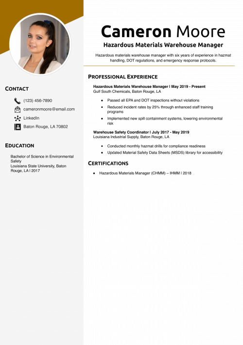 Hazardous Materials Warehouse Manager Resume Example