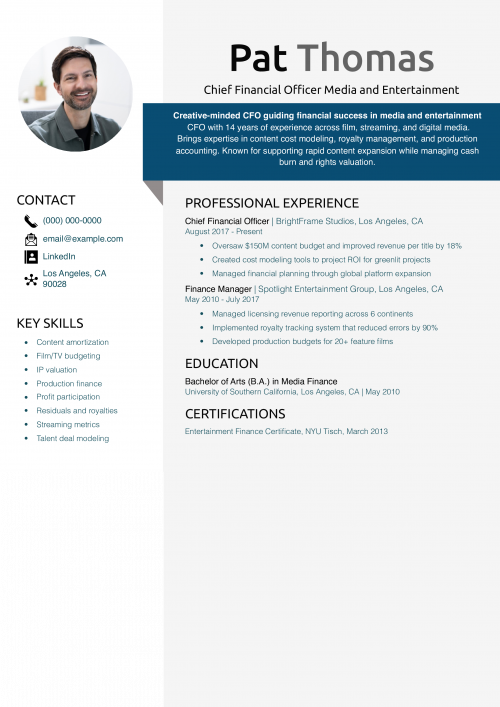 Chief Financial Officer Media and Entertainment Resume