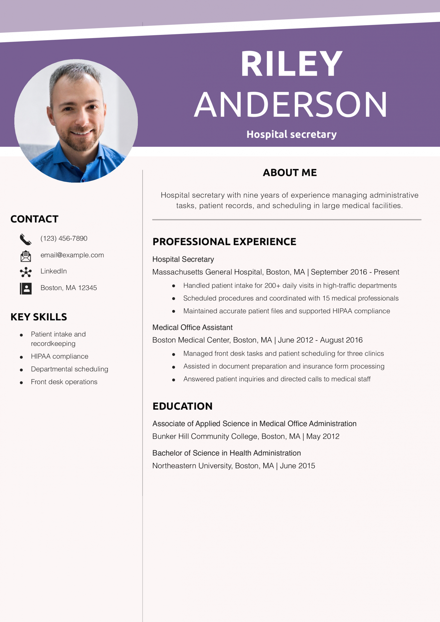 Hospital secretary resume example