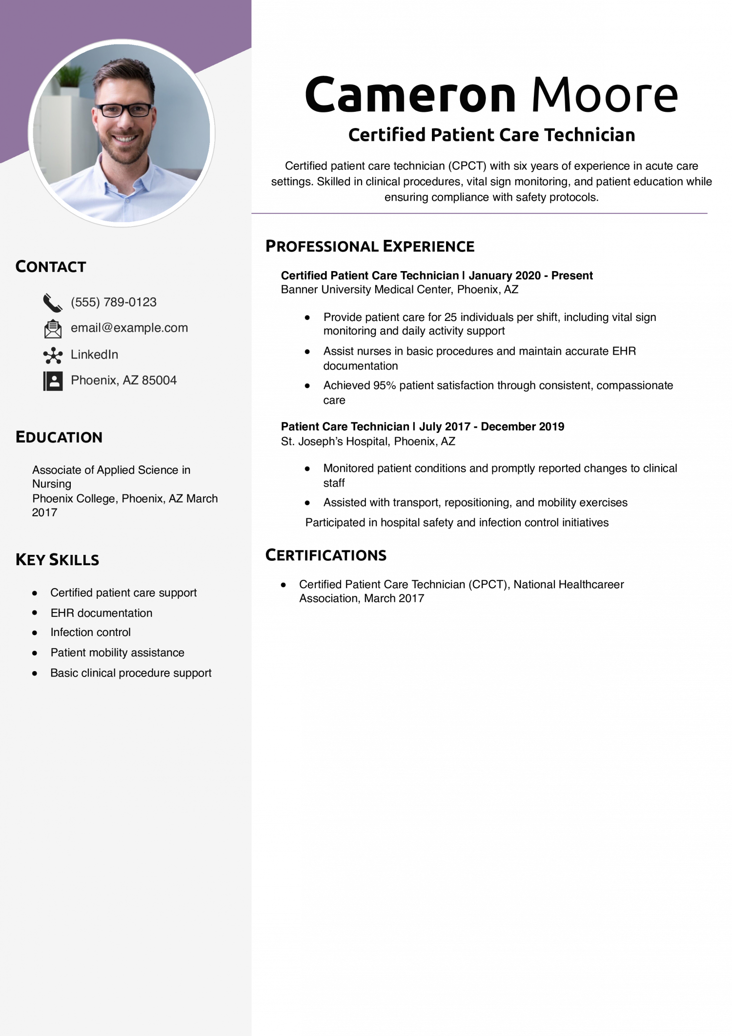 Certified Patient Care Technician Resume Example