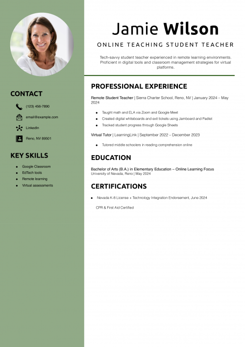 Online teaching student teacher resume