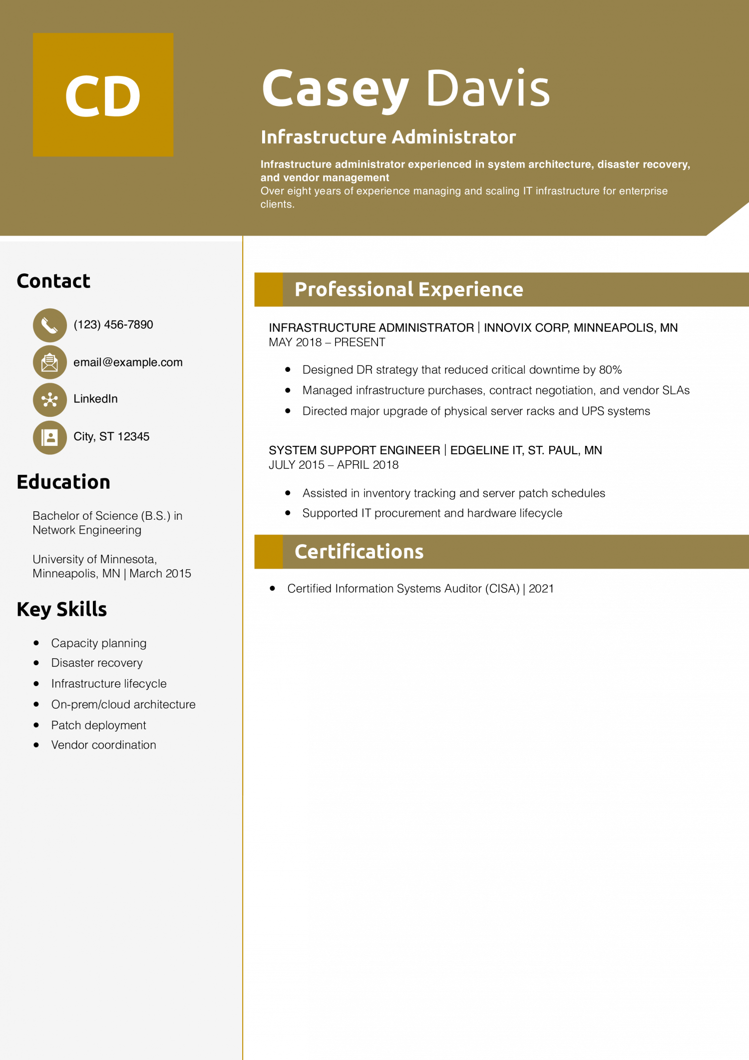 Infrastructure Administrator Resume Example