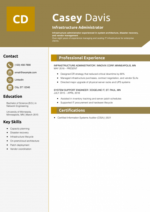 Infrastructure Administrator Resume Example