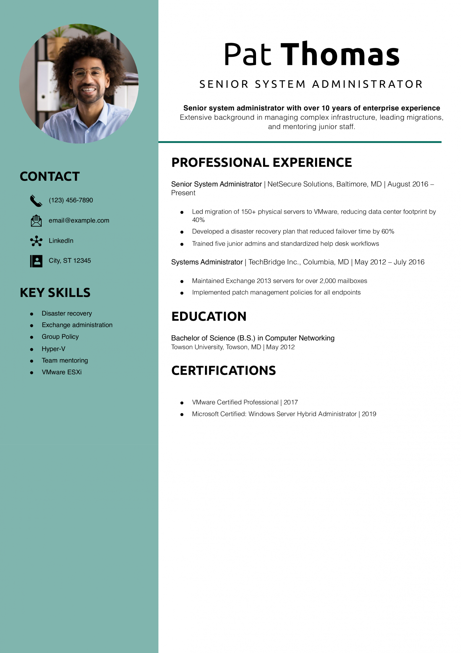 Senior System Administrator Resume Example