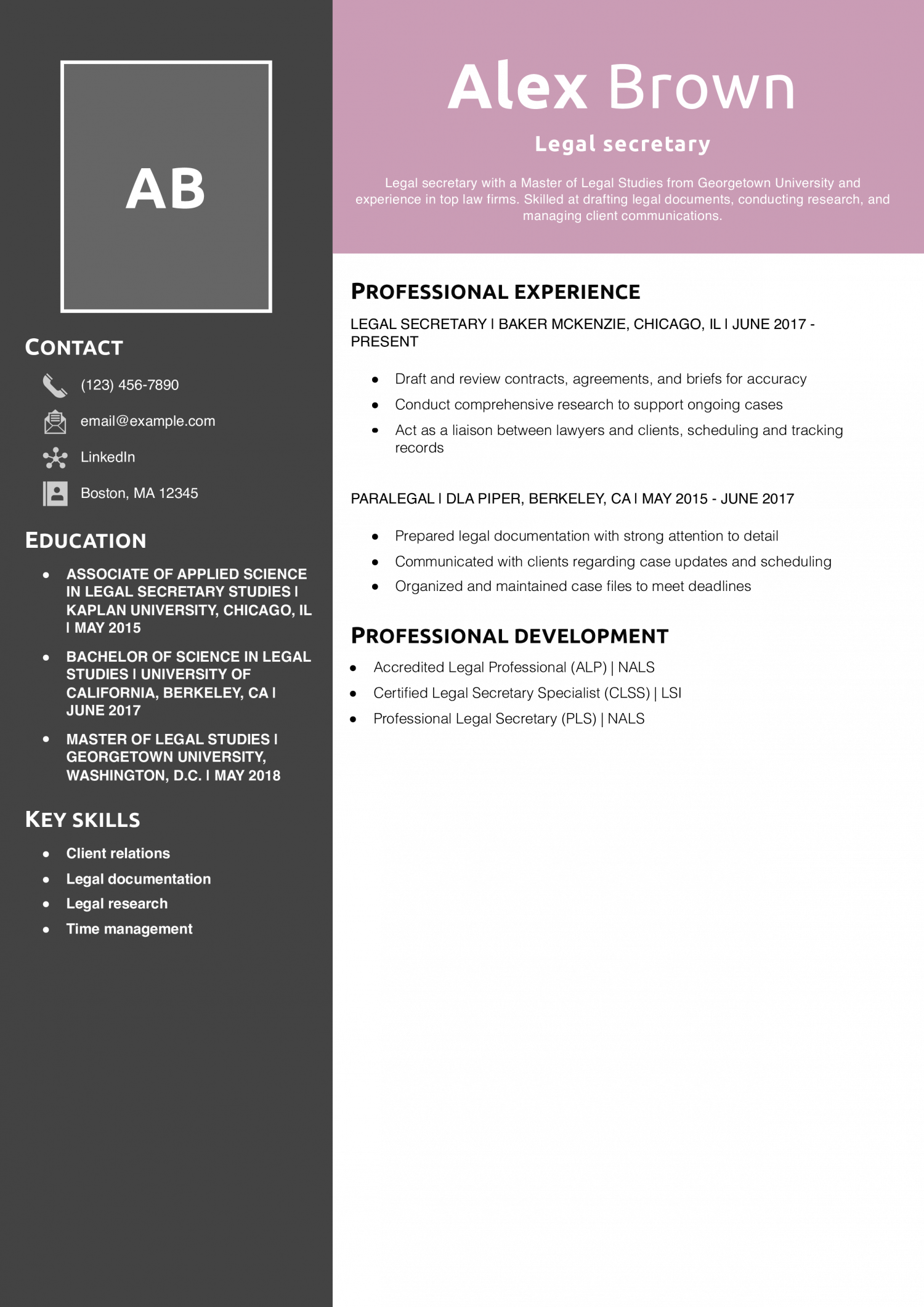 Legal secretary resume example