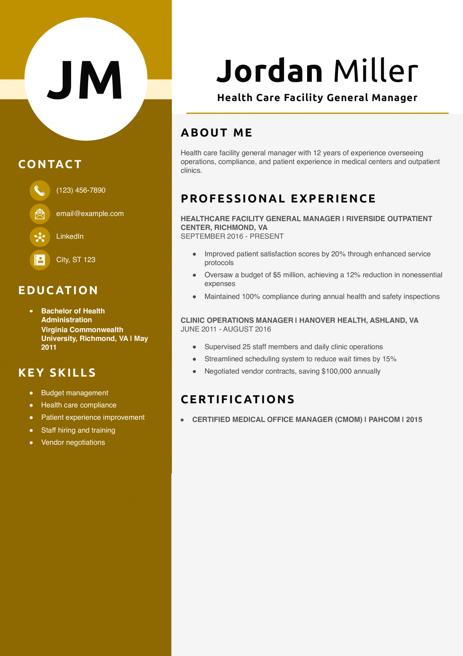 Health Care Facility General Manager Resume Example
