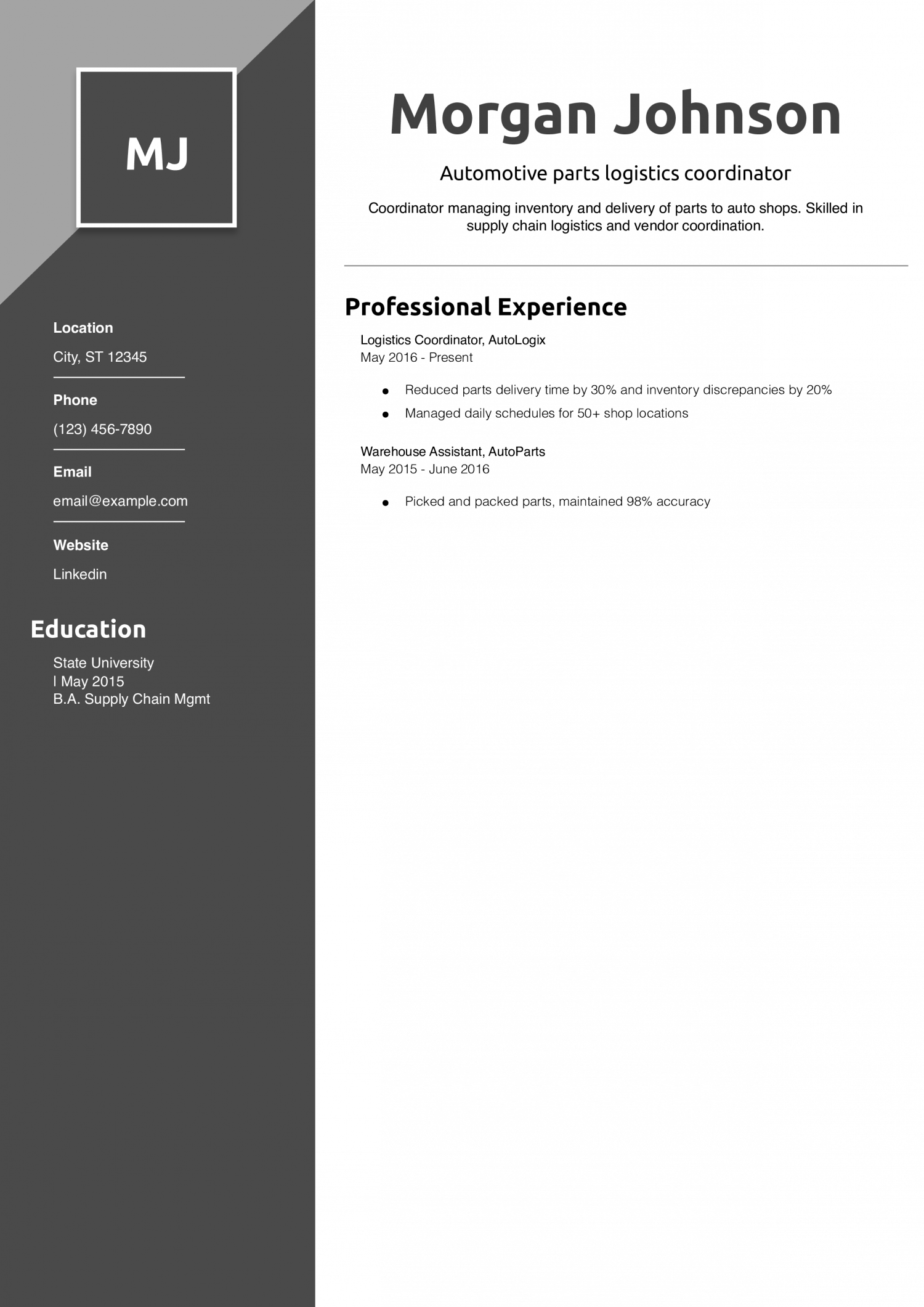 Automotive parts logistics coordinator resume example