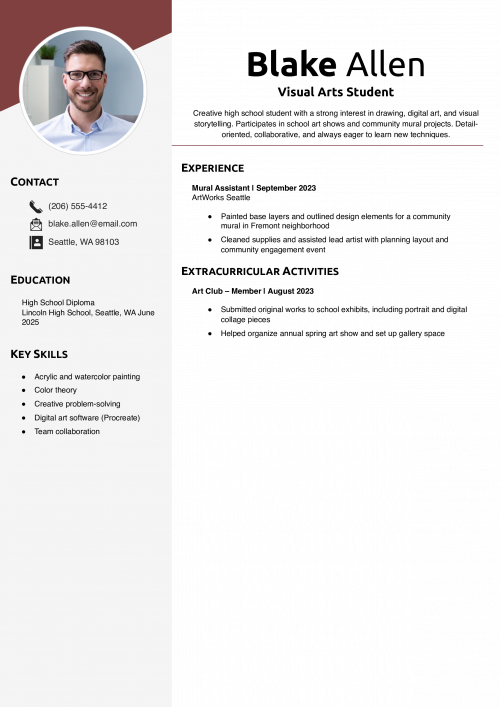 Teenager Resume Example – Visual Arts Student