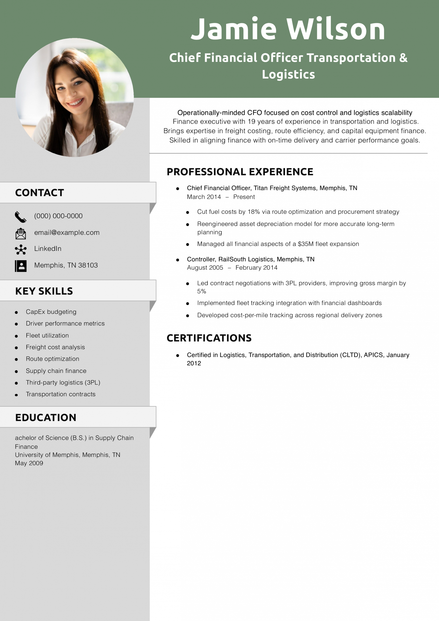 Chief Financial Officer Transportation & Logistics Resume