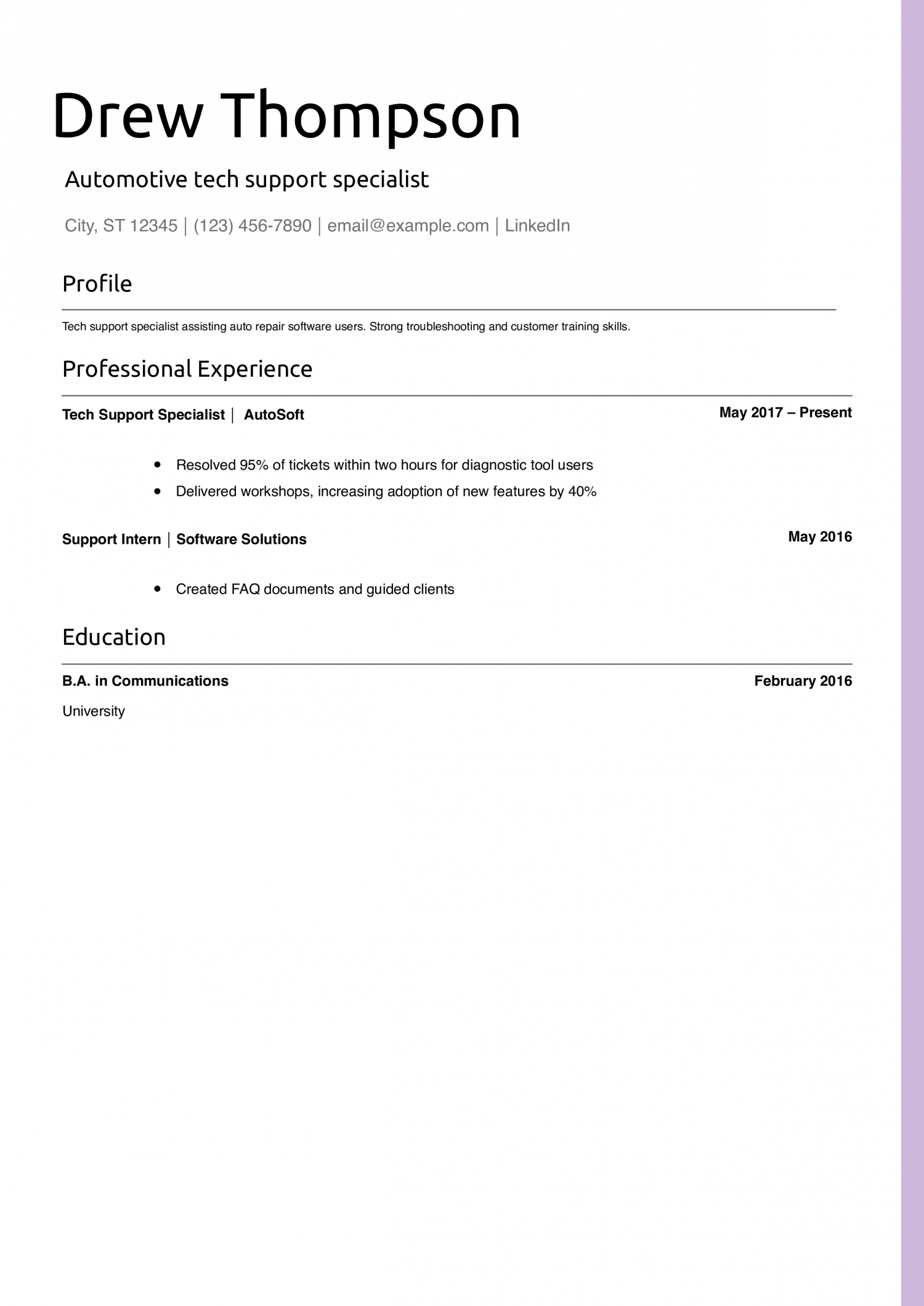 Automotive tech support specialist resume example
