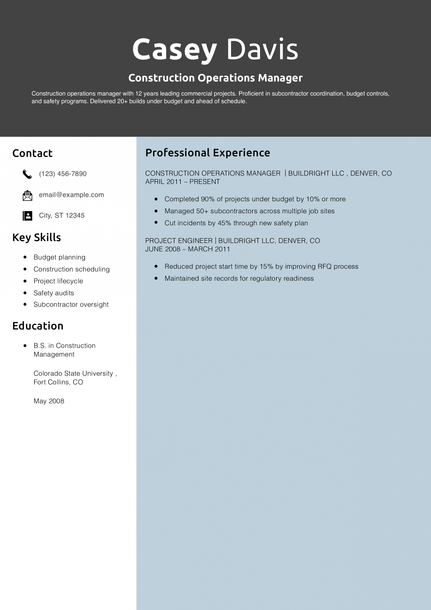 Construction Operations Manager Resume 