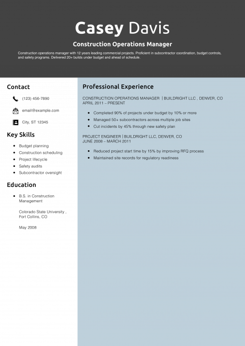 Construction Operations Manager Resume 