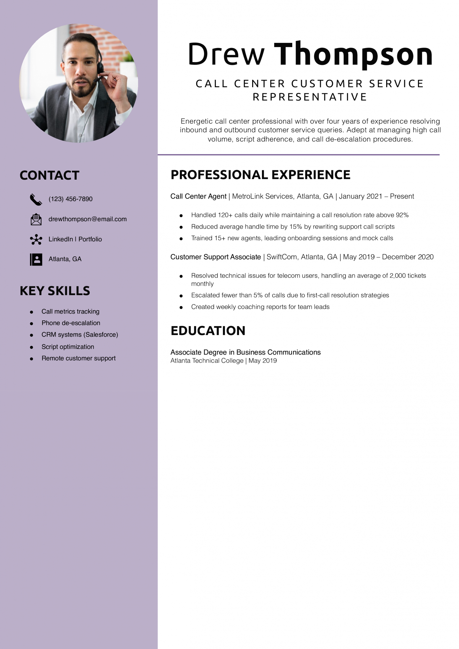 Call Center Customer Service Representative Resume