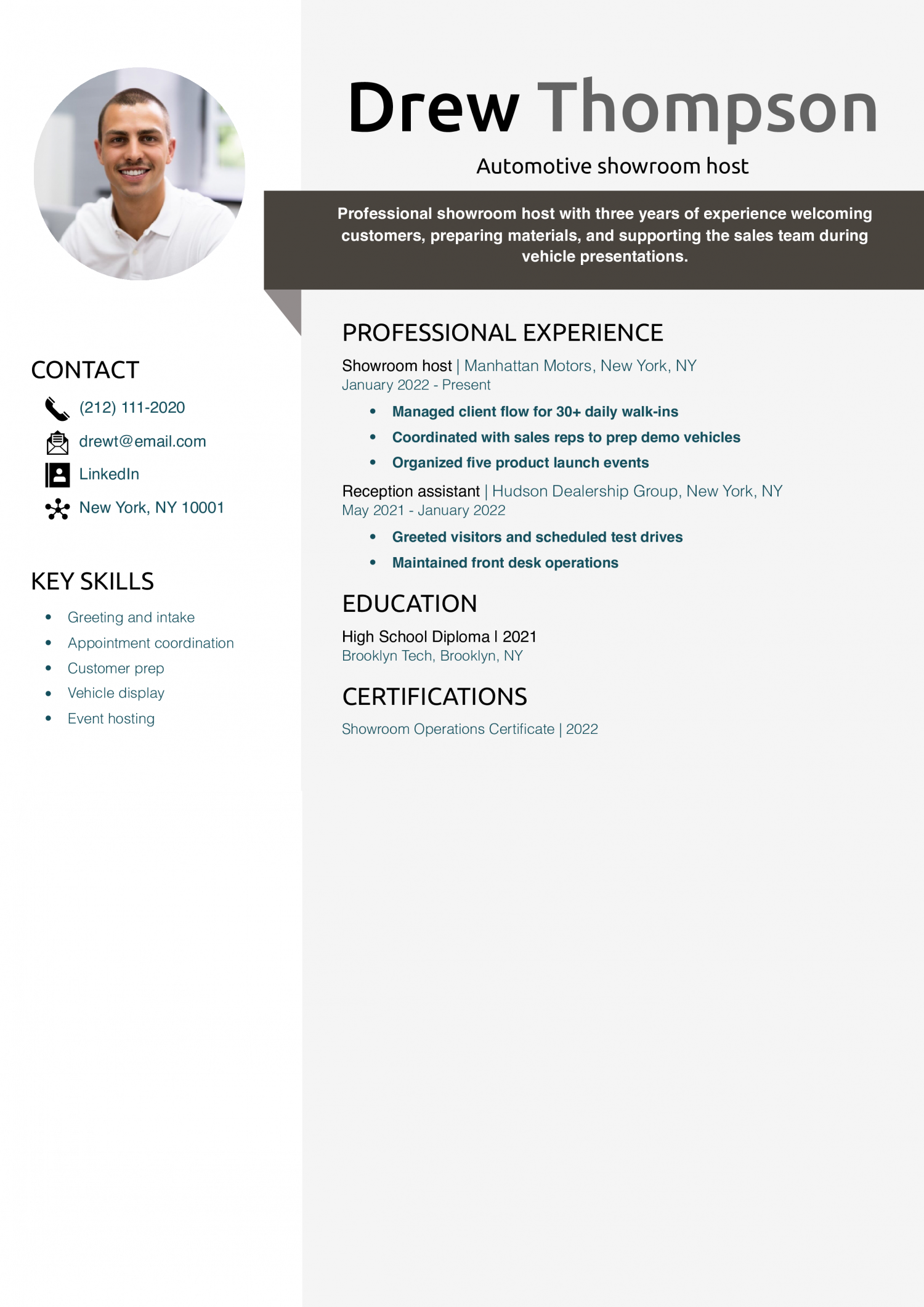 Automotive showroom host resume example