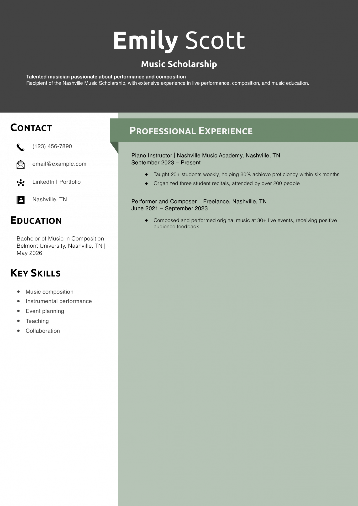 Music Scholarship Resume