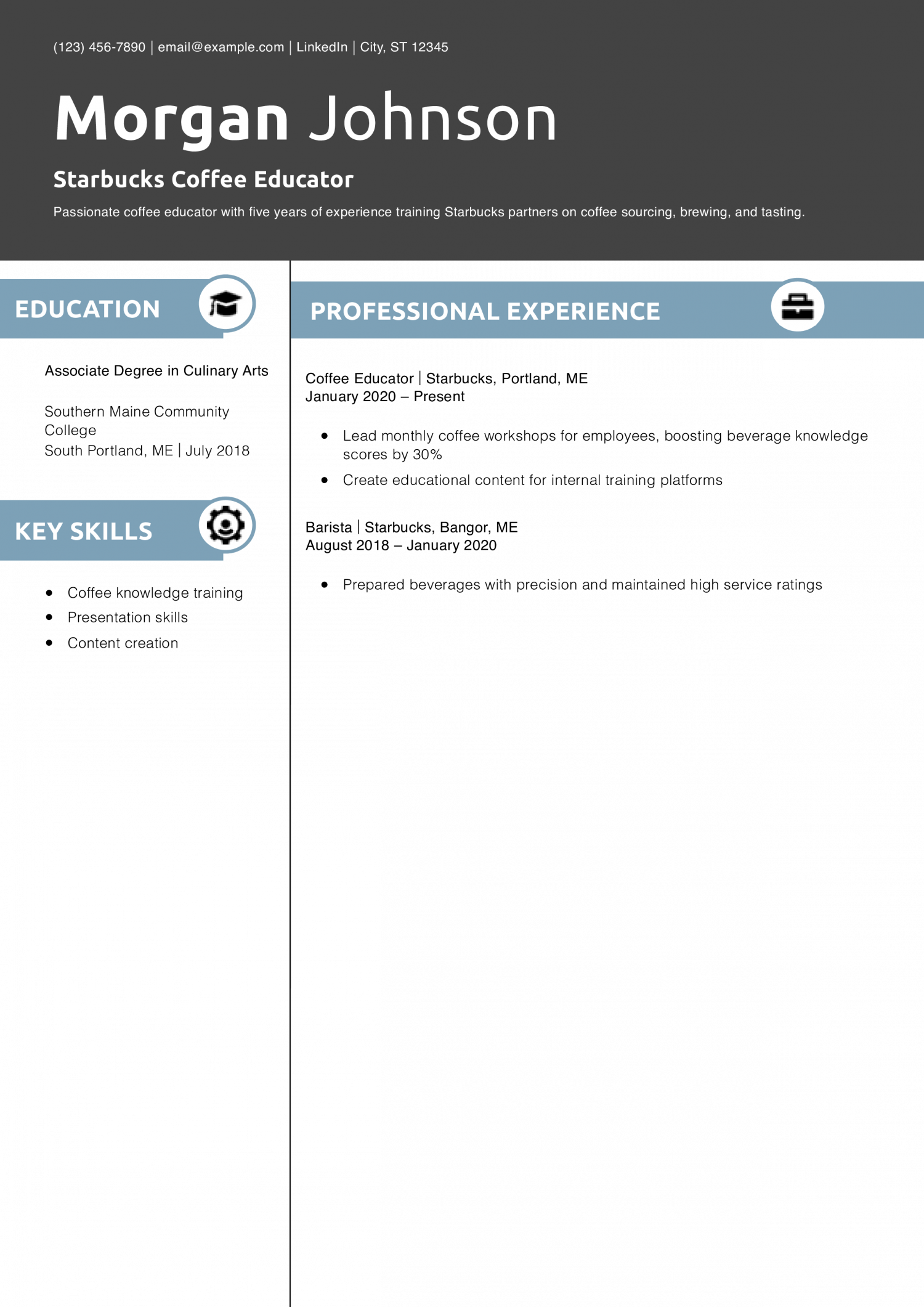 Starbucks Coffee Educator Resume Example
