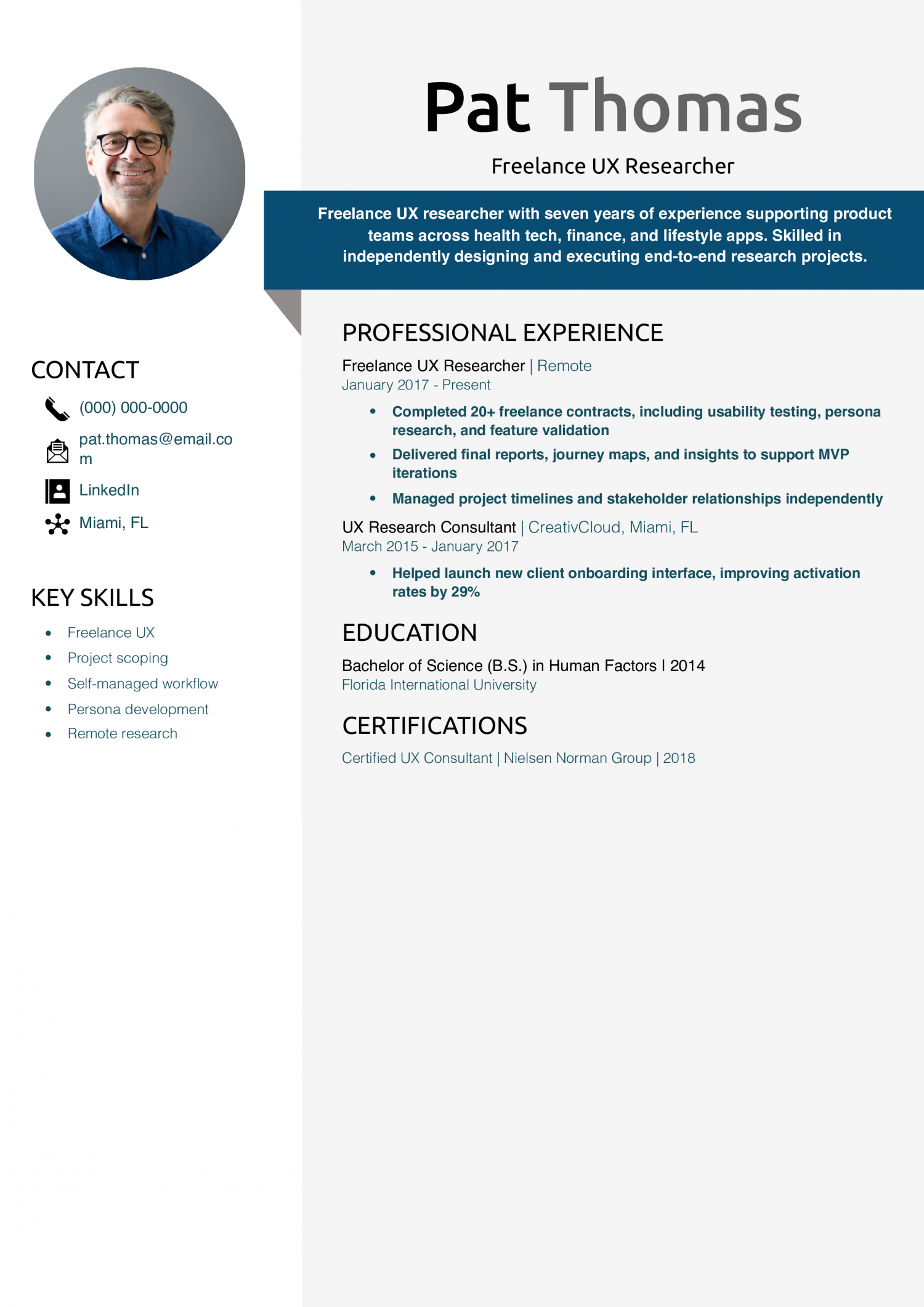 Freelance UX Researcher Resume Example
