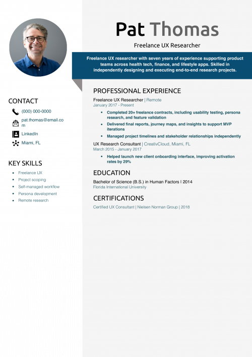 Freelance UX Researcher Resume Example 