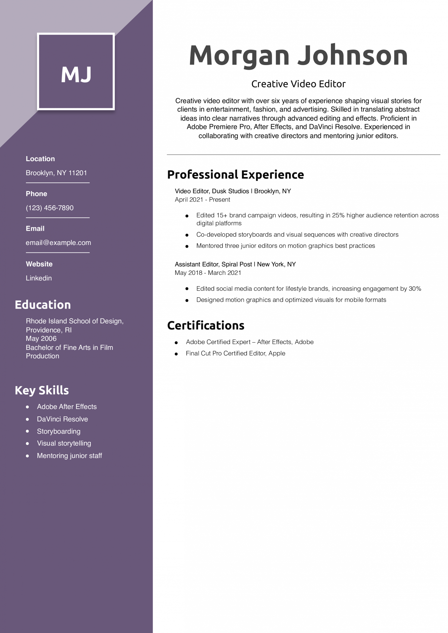 Creative Video Editor Resume Example