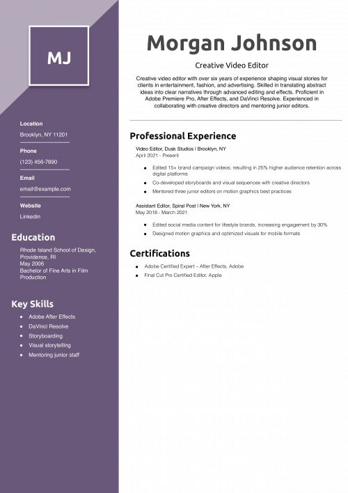 Creative Video Editor Resume Example