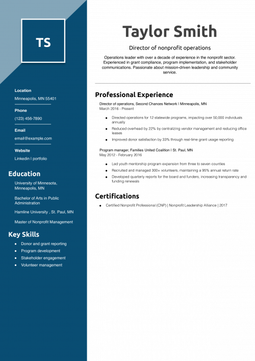 Director of nonprofit operations resume example