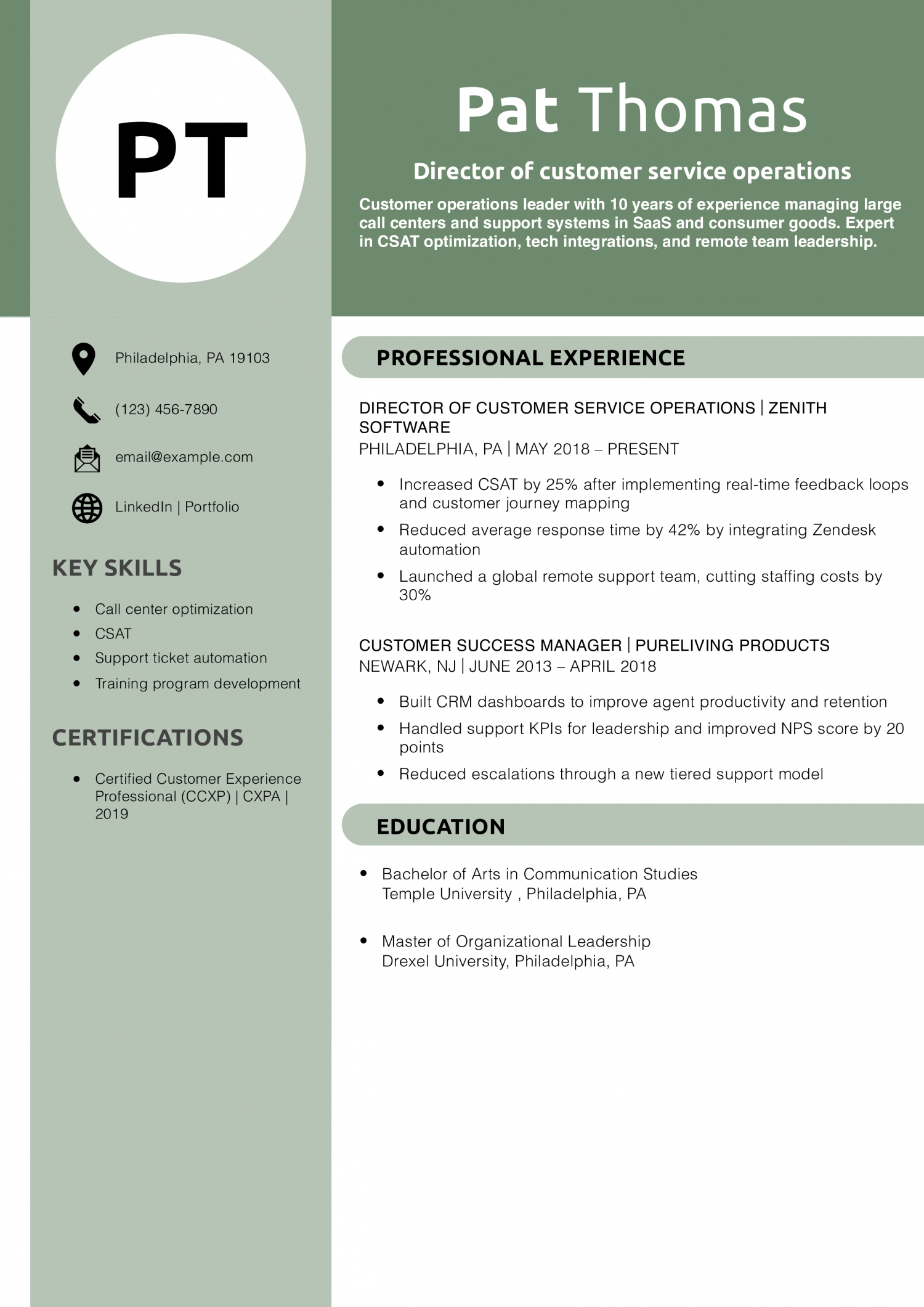 Director of customer service operations resume example