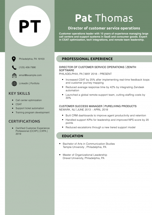 Director of customer service operations resume example