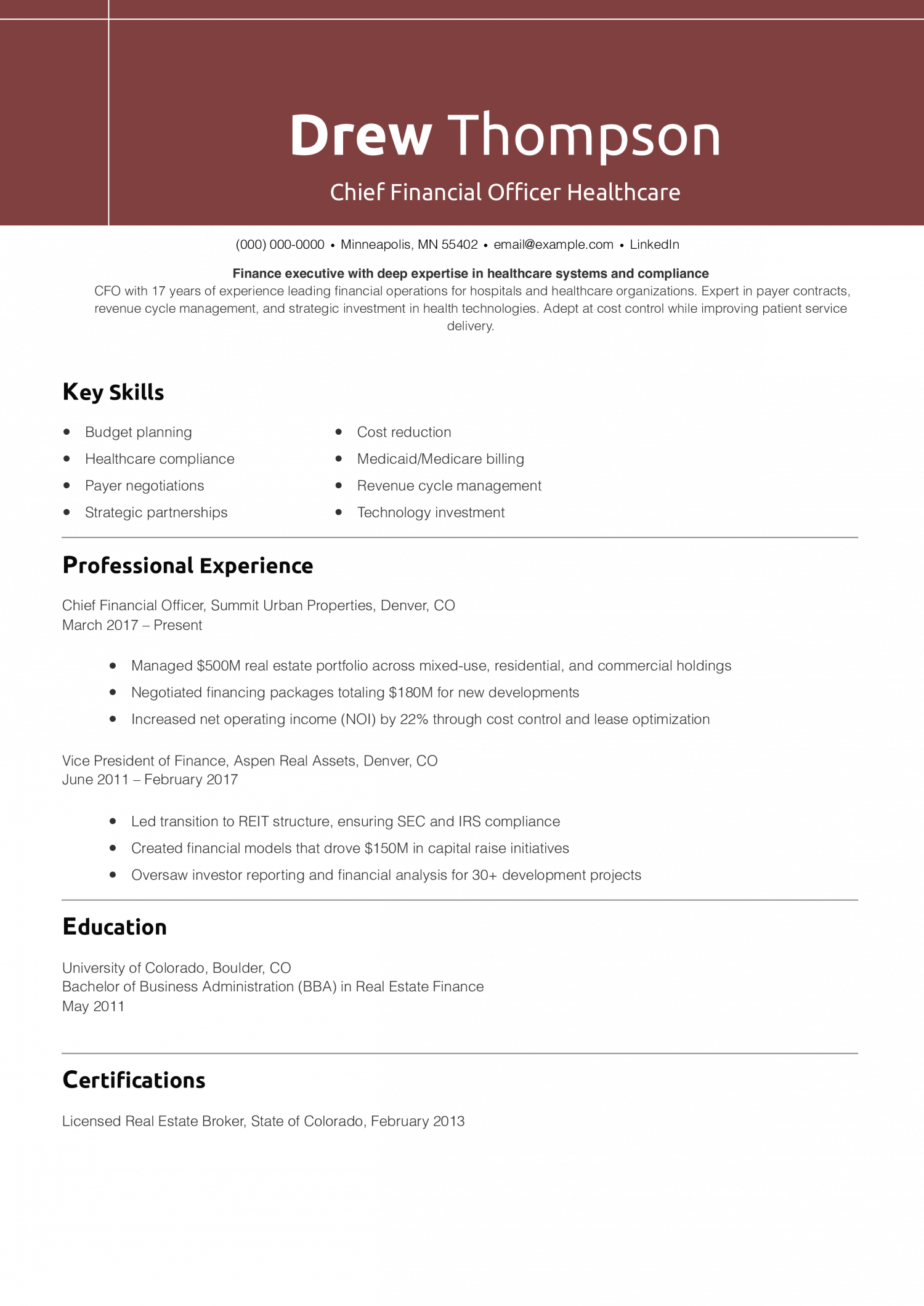 Chief Financial Officer Healthcare Resume
