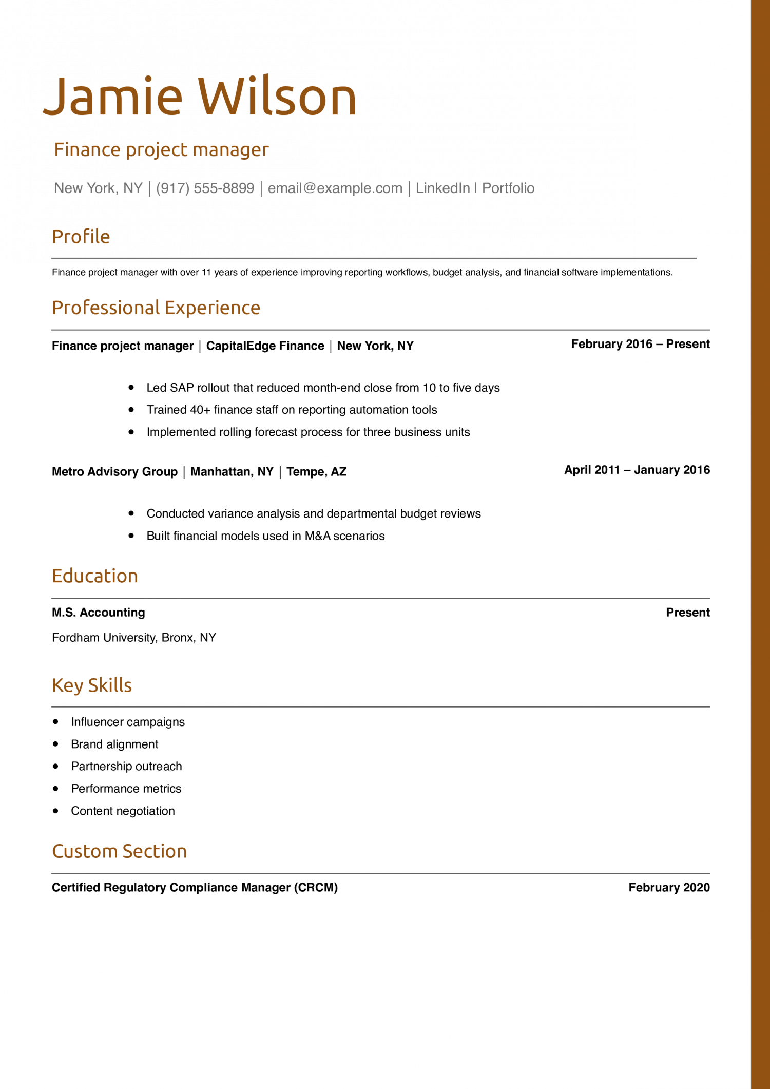 Finance project manager resume