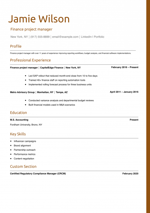 Finance project manager resume
