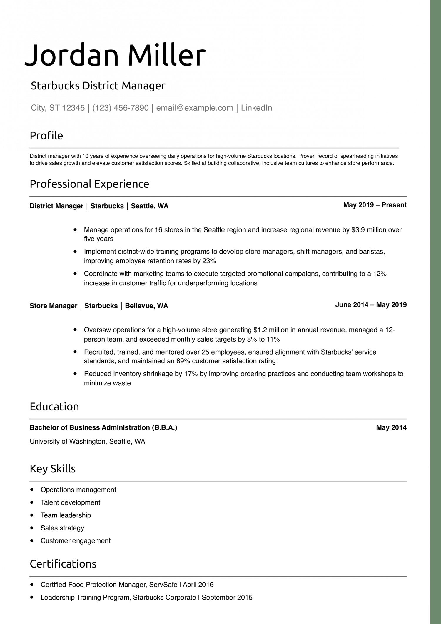 Starbucks District Manager Resume Example