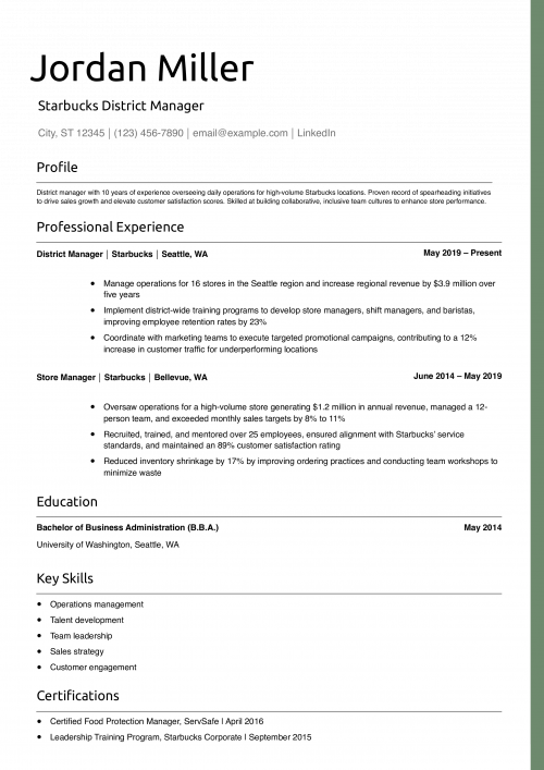 Starbucks District Manager Resume Example