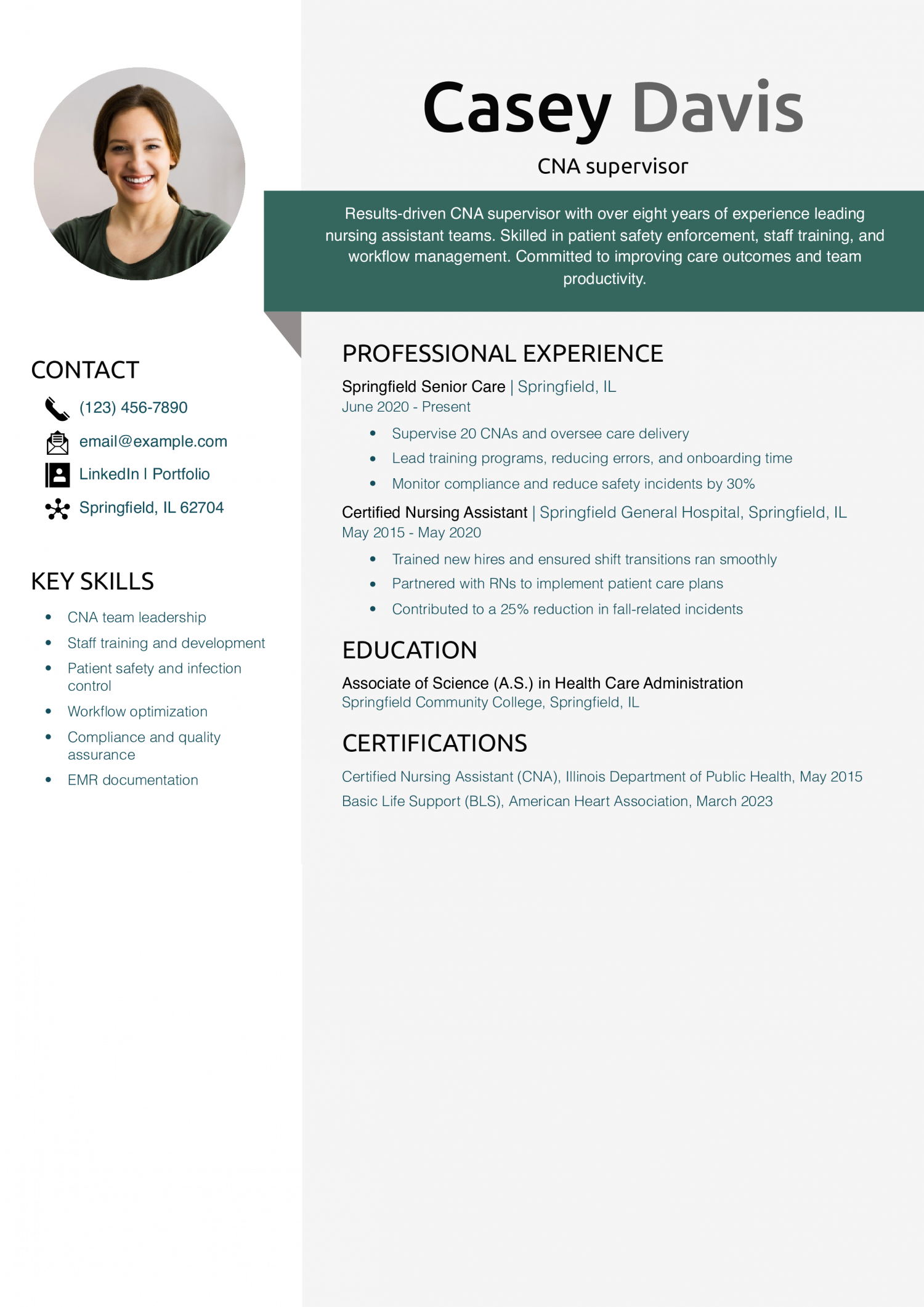 CNA supervisor resume