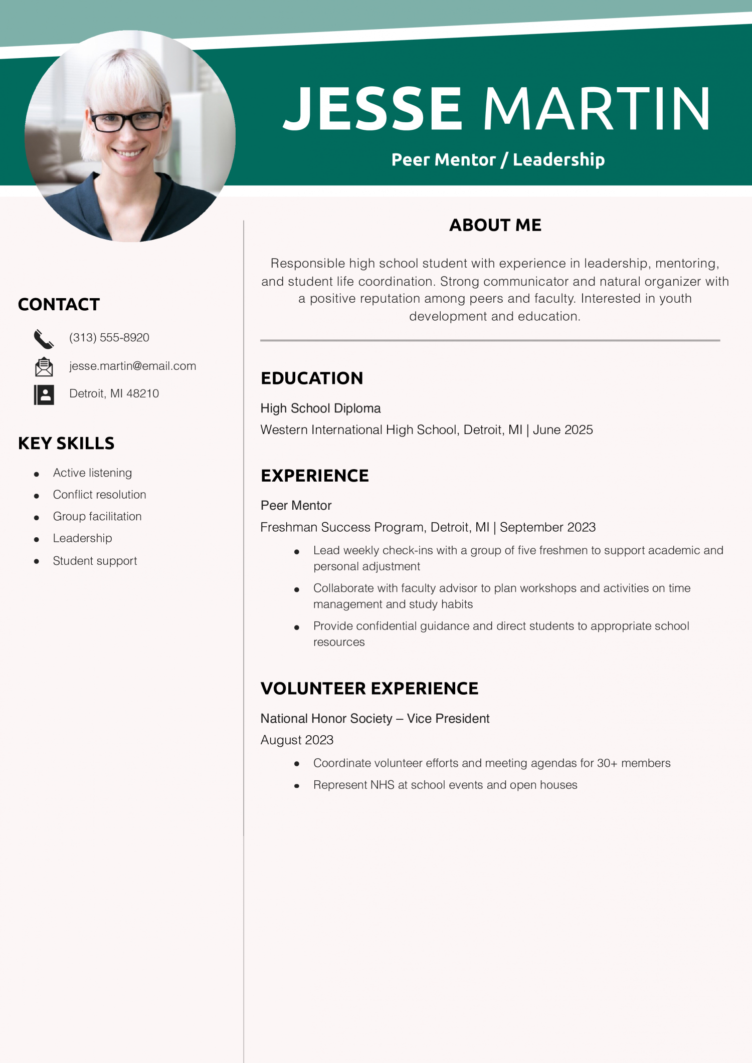 Teenager Resume Example – Peer Mentor / Leadership