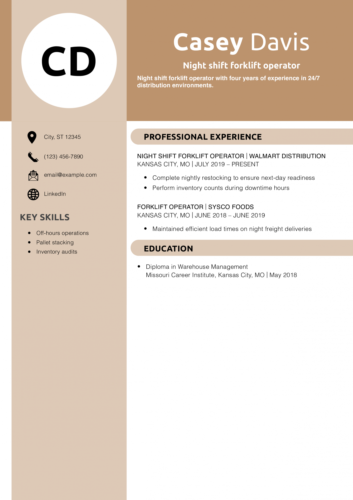 Night shift forklift operator resume example