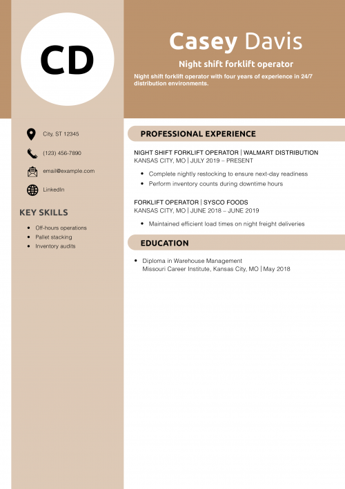 Night shift forklift operator resume example